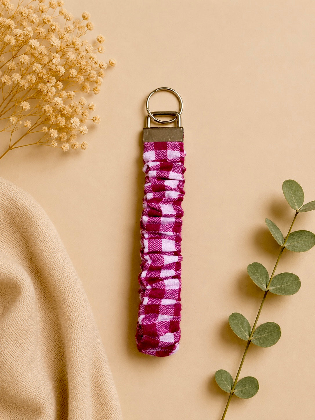 Raspberry Gingham Scrunchie Key Fob