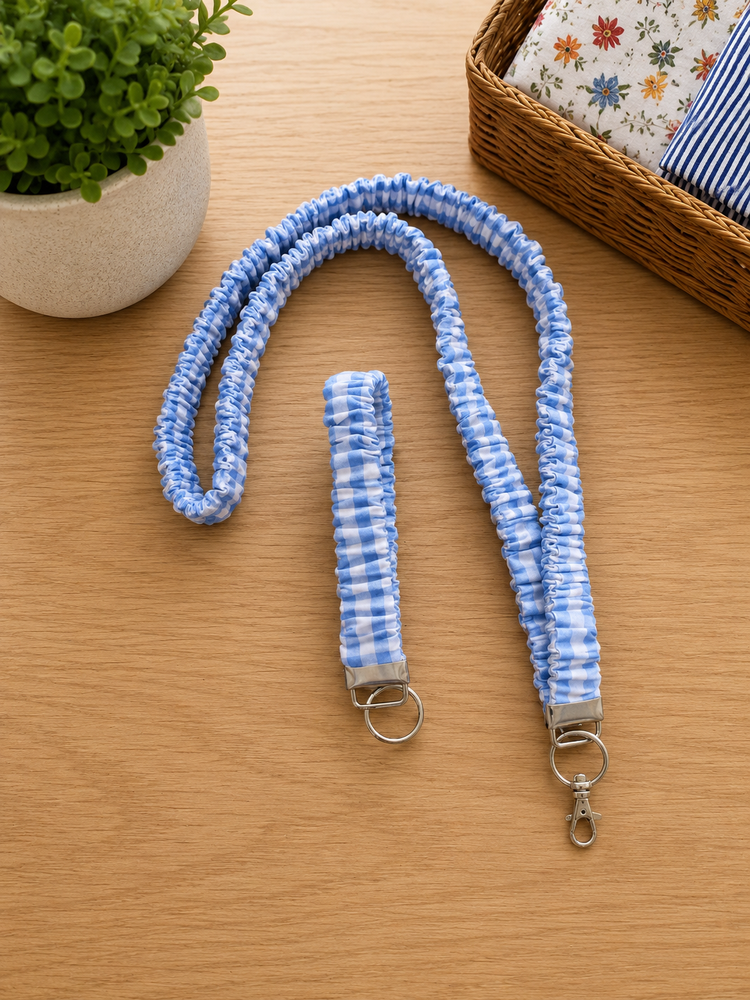 Blue Gingham Scrunchie Lanyard