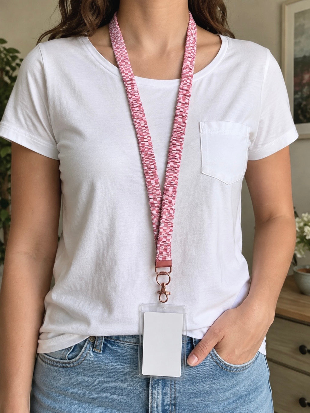 Pink Gingham Scrunchie Lanyard