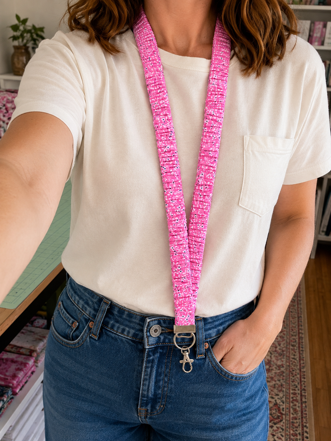 Pink w/Dainty Flowers Scrunchie Lanyard