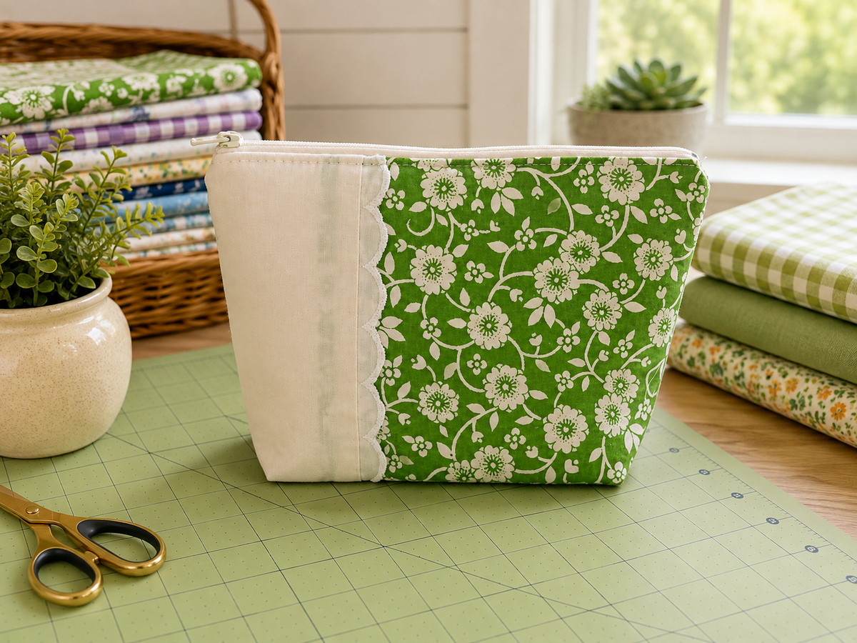 Green and White Flower Zip Pouch