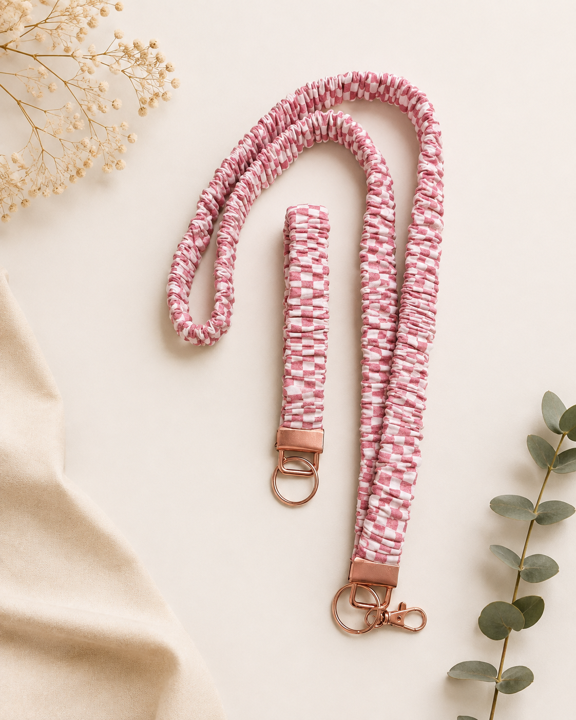 Pink Gingham Scrunchie Lanyard