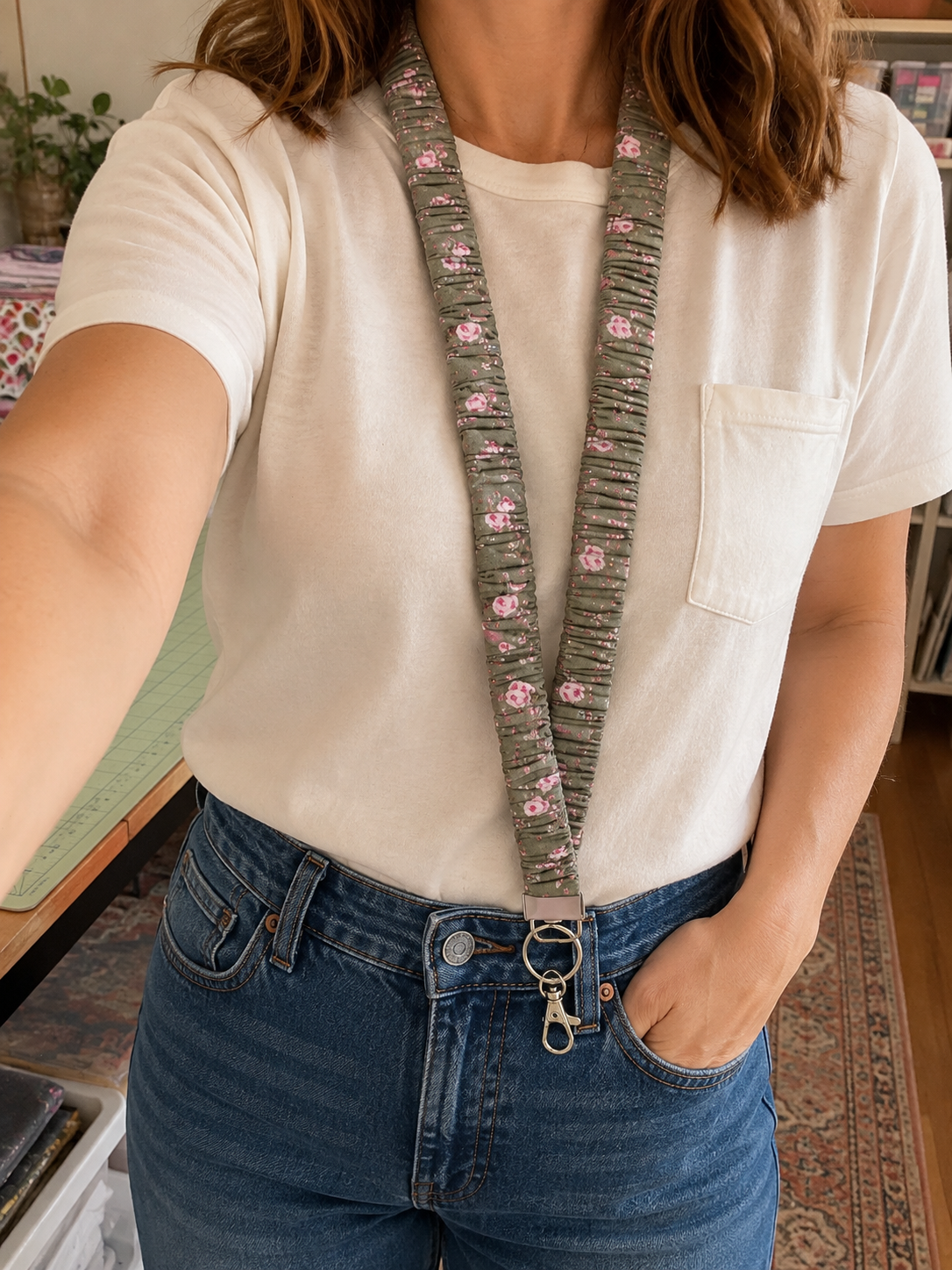 Sage Floral Scrunchie Lanyard
